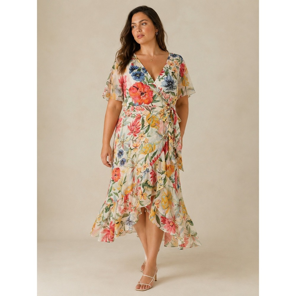 Calvin Klein Faux Wrap Dress 10 White Floral‎ Ruffle High Low Wedding guest